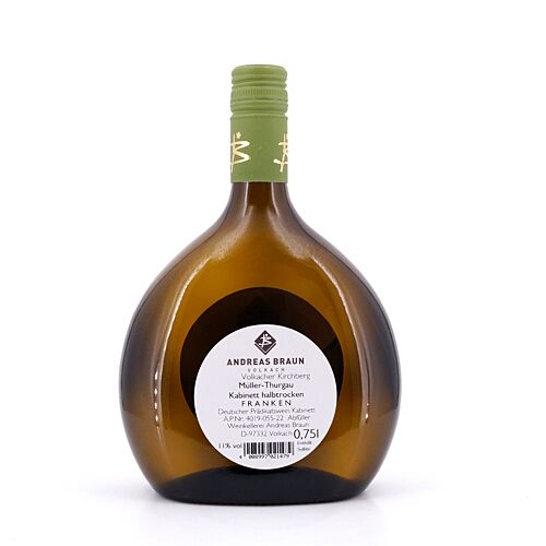 Andreas Braun Volkacher Kirchberg Müller-Thurgau Kabinett Jahrgang 2021 / 2022 halbtrocken 0,750 Liter/ 11.0% vol Produktbild