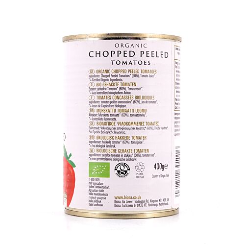 Biona Organic Chopped Peeled Tomatoes Gehackte, geschälte Tomaten in reichhaltigen Tomatensaft 400 Gramm Produktbild