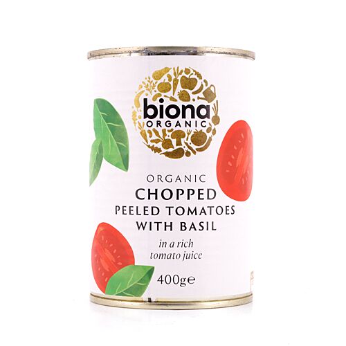 Biona Organic Chopped Peeled Tomatoes With Basil Gehackte, geschälte Tomaten in reichhaltigen Tomatensaft mit Basilikum 400 Gramm Produktbild