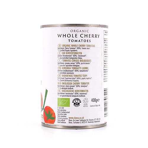 Biona Organic Whole Cherry Tomatoes Kirschtomaten im Ganzen in reichhaltigem Tomatensaft 400 Gramm Produktbild