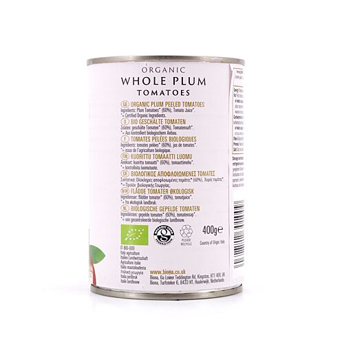 Biona Organic Whole Plum Tomatoes Pflaumentomaten im Ganzen in reichhaltigem Tomatensaft 400 Gramm Produktbild