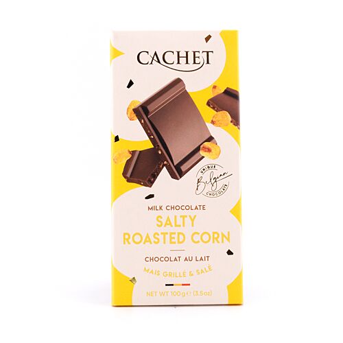 Cachet Milk Chocolate Salty Roasted Corn Vollmilchschokolade mit gerösteter Maisstücke und Meersalz 100 Gramm Produktbild