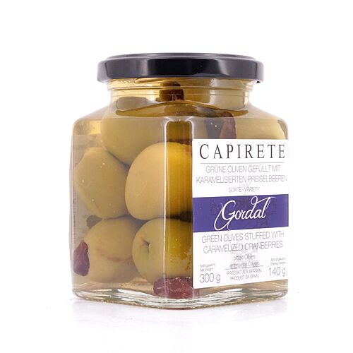 Capirete Gordal grüne Oliven mit karamellisierten Preiselbeeren 300g 140 Gramm Abtropfgewicht Produktbild