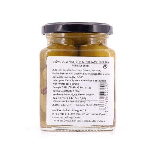 Capirete Gordal grüne Oliven mit karamellisierten Preiselbeeren 300g 140 Gramm Abtropfgewicht Produktbild