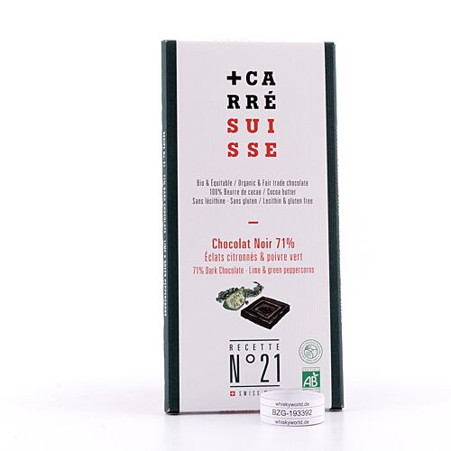 CARRÉ SUISSE N° 21 BIO Zartbitterschokolade 71% mit Zitronenstücken und grünem Pfeffer 100 Gramm Produktbild