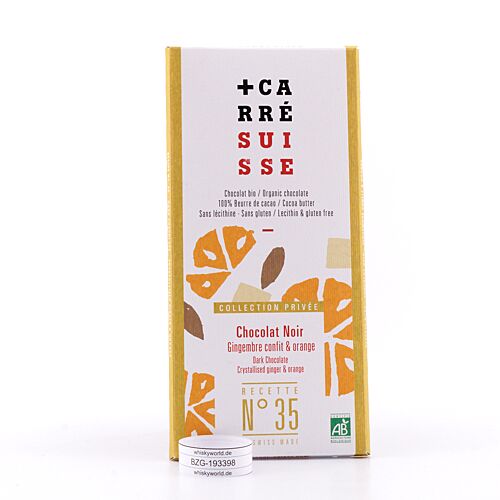 CARRÉ SUISSE N° 35 Zartbitterschokolade 71% mit kandiertem Ingwer und ätherisches Orangenöl 100 Gramm Produktbild