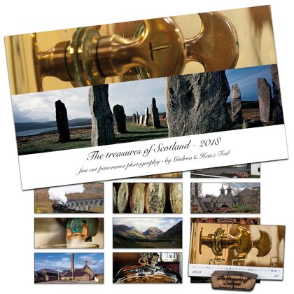 Heinz Fesl 2018er Tischkalender Jubiläumsausgabe The treasures of Scotland Präsentationsständer aus Single Malt Whisky-Fässern 1 Stück