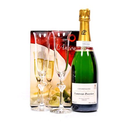 Laurent-Perrier Brut mit 2er Set L`Amour Champagner Gläser satiniertes Herz 0,750 Liter/ 12.0% vol