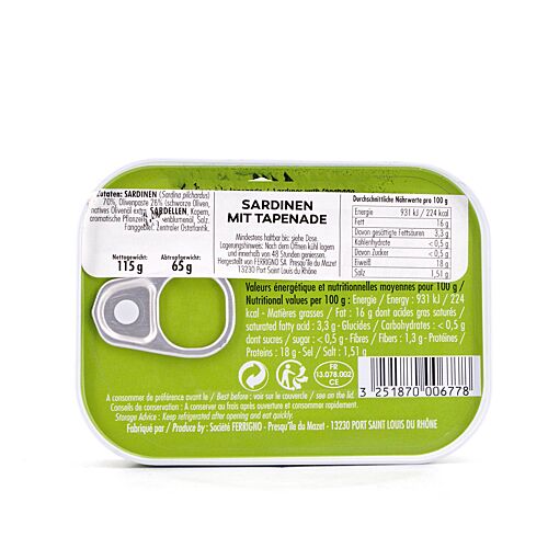 Ferrigno Sardinen mit Tapenade 115g 65 Gramm Abtropfgewicht Produktbild