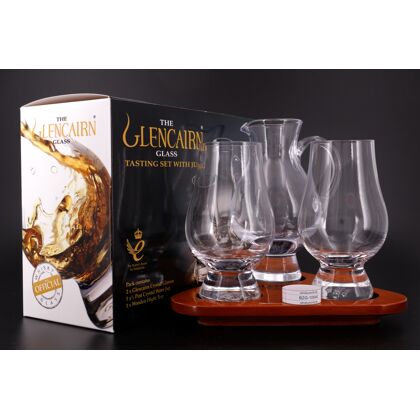 Glencairn Tasting-Set 2 lackiertes Holztablett mit Wasserkrug und 2 Stück Glencairn-Nosing-Glas 1 Stück