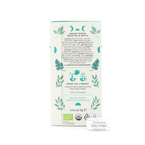 Hampstead Tea Matcha Green Tea & Nettle BIO 20 plastikfreie Teebeutel 40 Gramm Produktbild