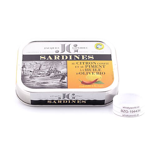 Jacques Gonidec Pikante Sardinen in Olivenöl mit kandierter Bio-Zitrone und -Piment 115 Gramm Produktbild