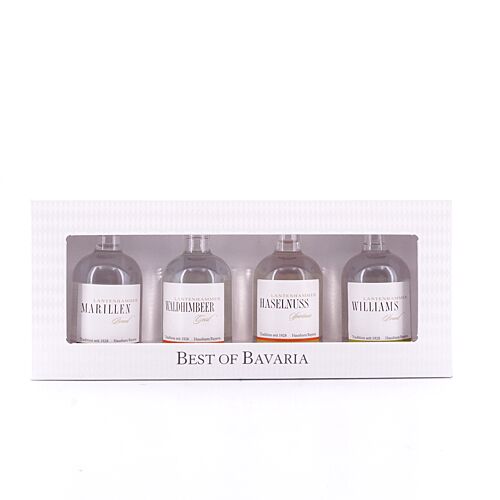 Lantenhammer Best of Bavaria Edelbrände Miniatur-Set je 0,050l Willamsbrine; Haselnuss; Waldhimbeer & Marille 0,20 Liter/ 42.0% vol Produktbild