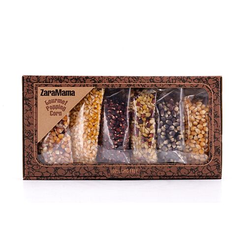 ZaraMama Popcorn 6er Geschenkbox 100% Gentechnikfrei 6 verschiedene Maiskörner in je 90g Packungen 540 Gramm Produktbild