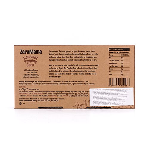 ZaraMama Popcorn 6er Geschenkbox 100% Gentechnikfrei 6 verschiedene Maiskörner in je 90g Packungen 540 Gramm Produktbild